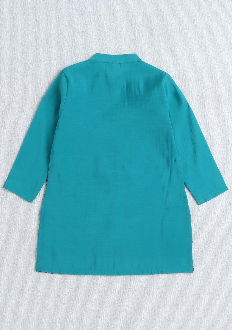 Turquoise Blue Embroidery Polyester Ethnic Set For Boys - Indya