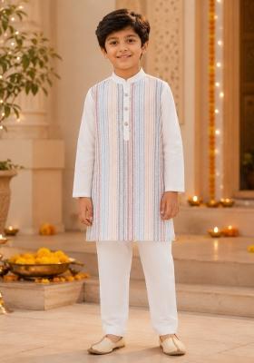 Off White Embroidery Polyester Ethnic Set For Boys