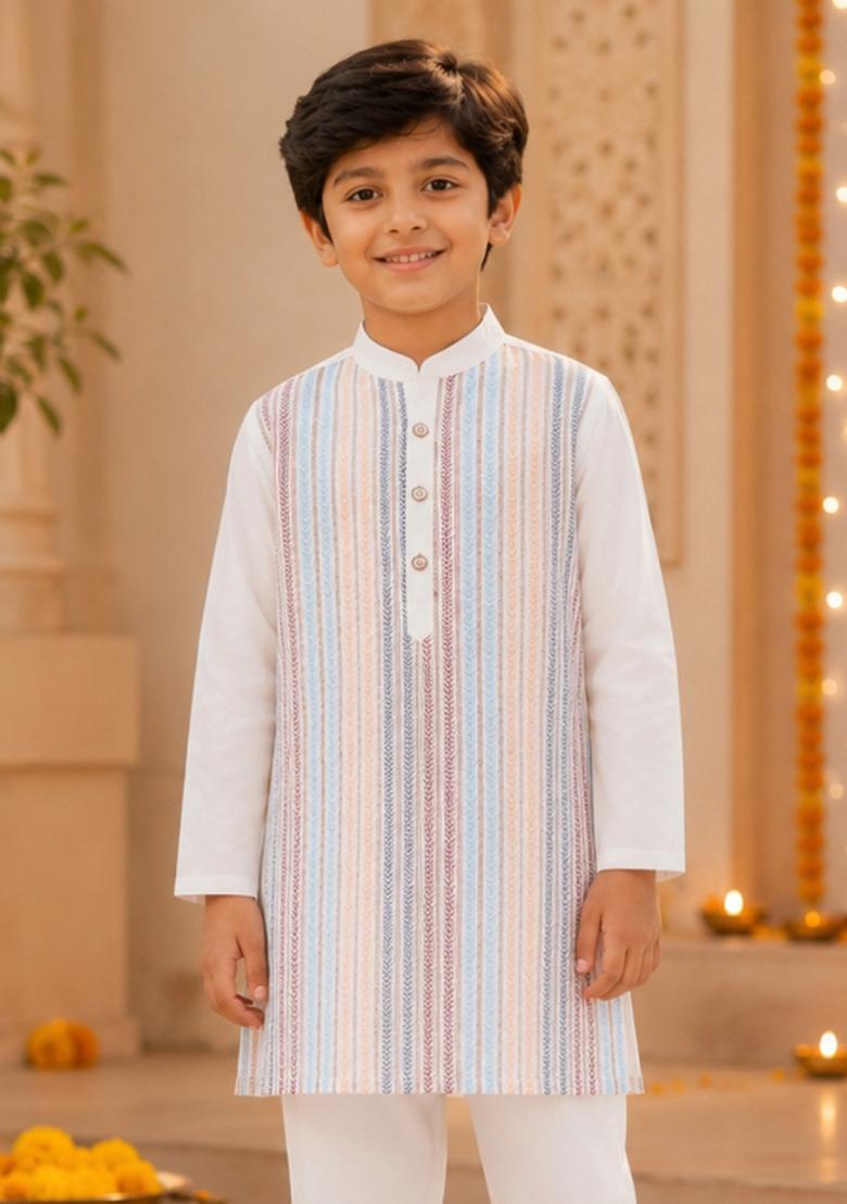 Off White Embroidery Polyester Ethnic Set For Boys - Indya