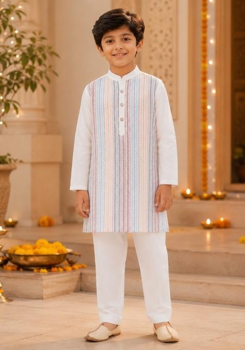 Off White Embroidery Polyester Ethnic Set For Boys
