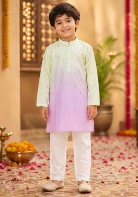 Yellow Printed Polyester Ethnic Set For Boys