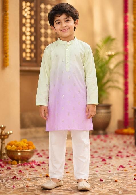 Yellow Printed Polyester Ethnic Set For Boys