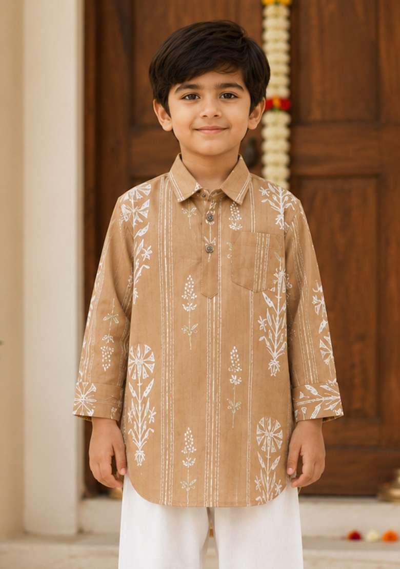 Mustard Printed Cotton Ethnic Set For Boys - Indya