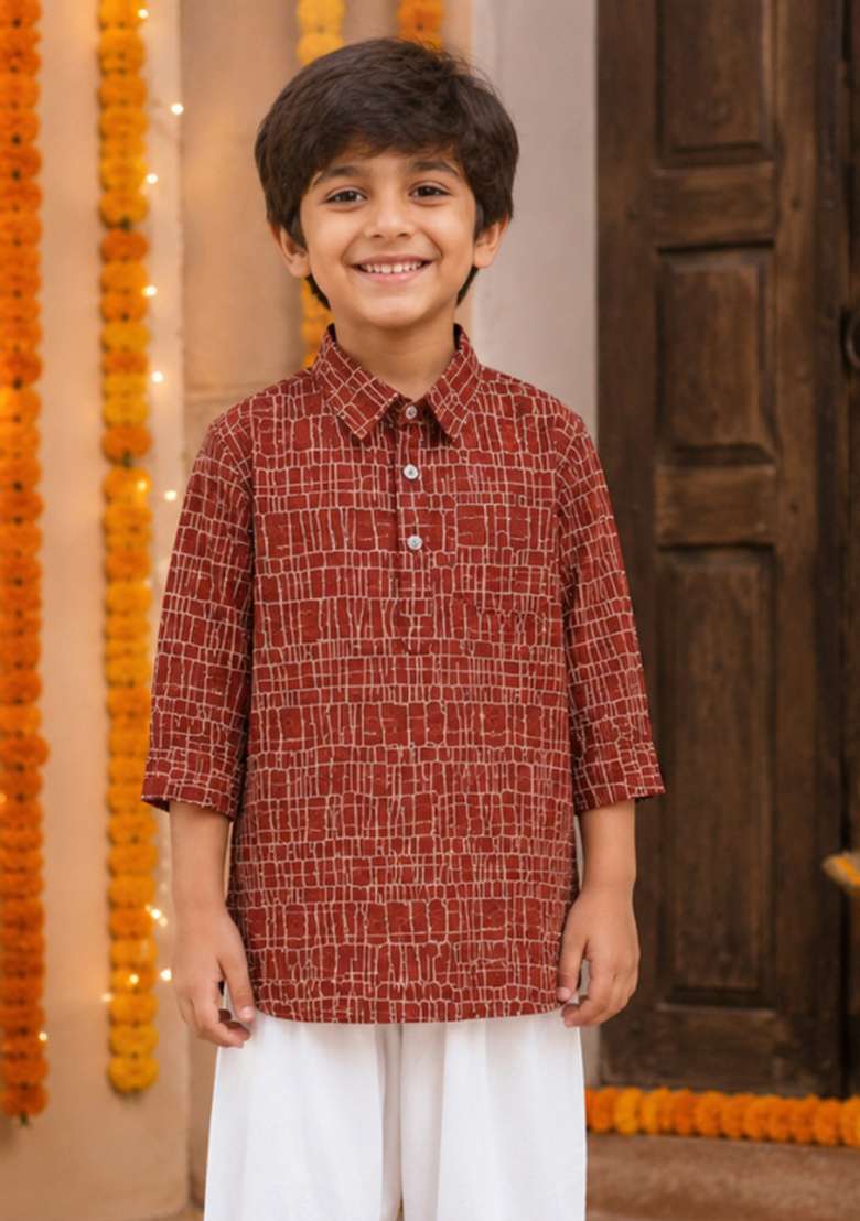 Rust Printed Cotton Ethnic Set For Boys - Indya