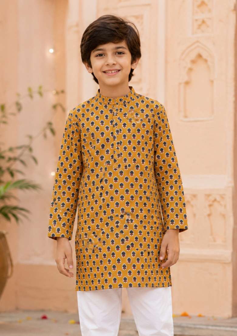 Mustard Printed Cotton Ethnic Set For Boys - Indya