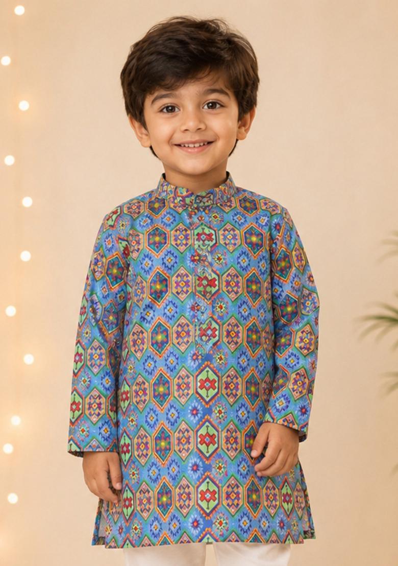 Blue Printed Polyester Kurta Pyjama For Boys - Indya