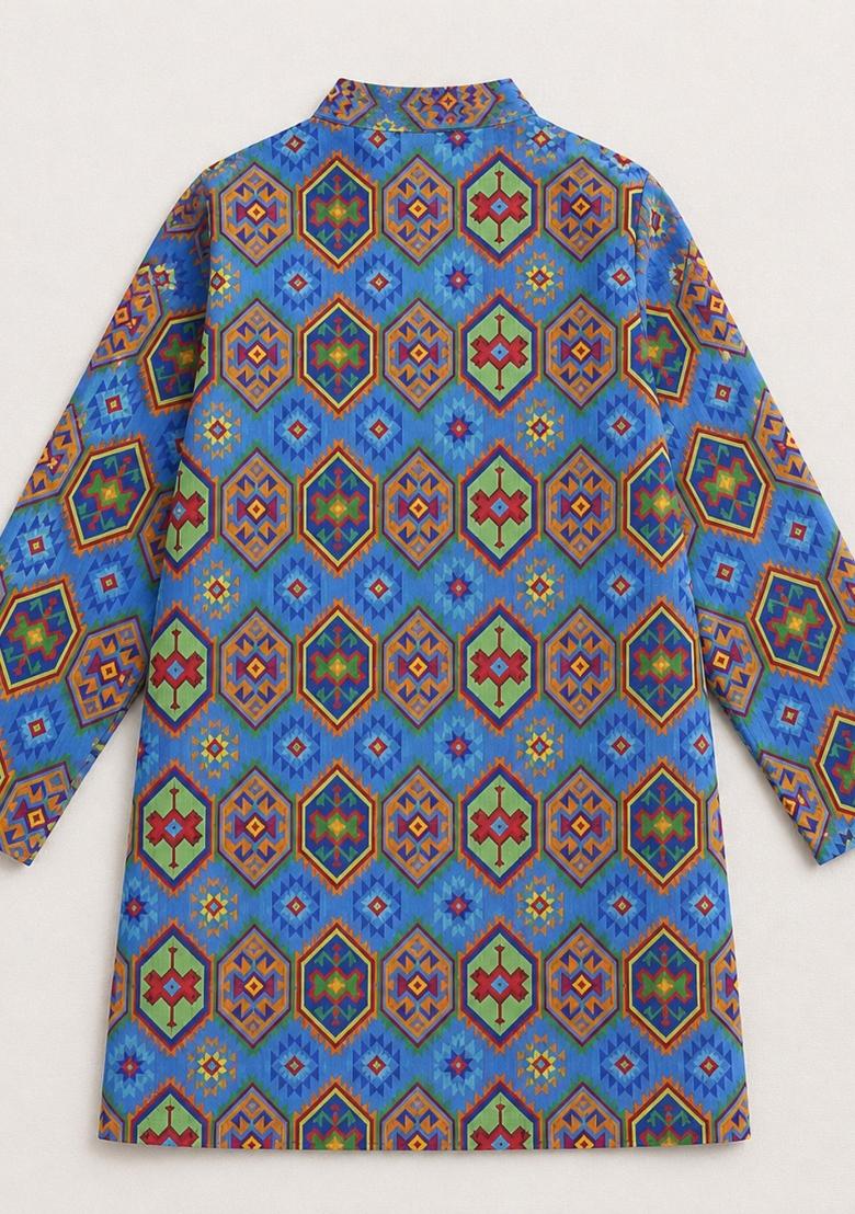 Blue Printed Polyester Kurta Pyjama For Boys - Indya