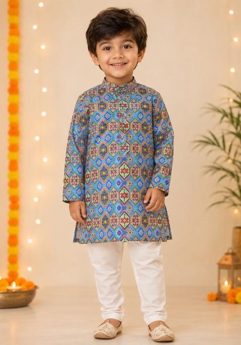 Blue Printed Polyester Kurta Pyjama For Boys