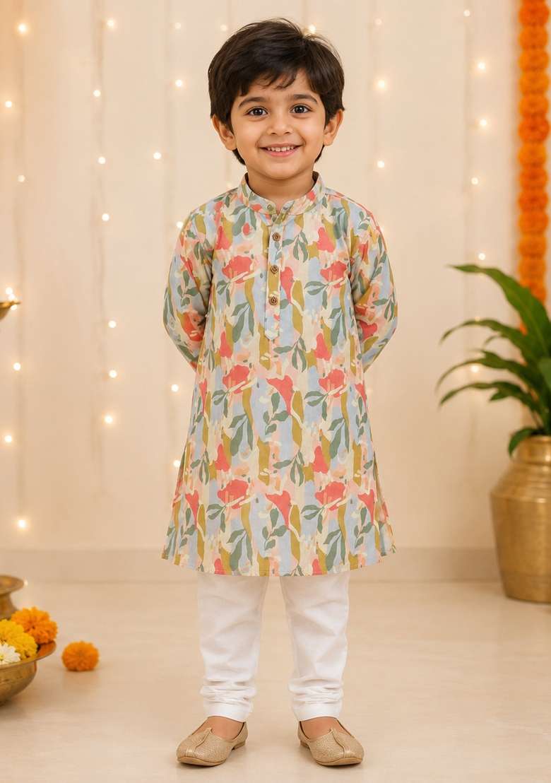 Multicolor Printed Polyester Kurta Pyjama For Boys - Indya
