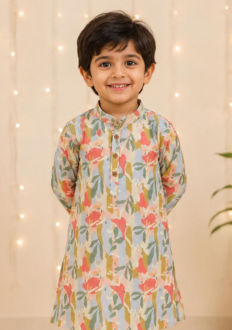Multicolor Printed Polyester Kurta Pyjama For Boys - Indya