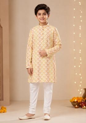 Yellow Printed Polyester Kurta Set For Boys