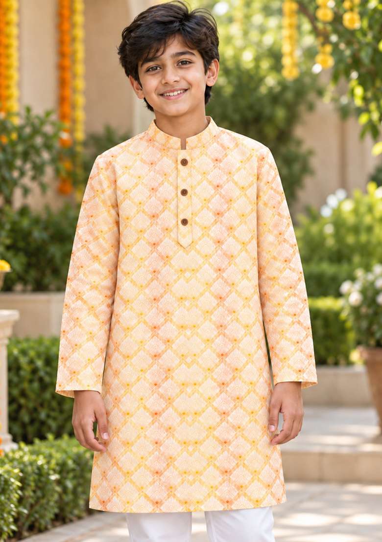 Yellow Printed Polyester Kurta Set For Boys - Indya