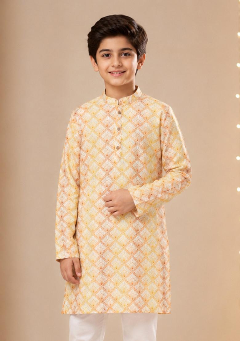 Yellow Printed Polyester Kurta Set For Boys - Indya