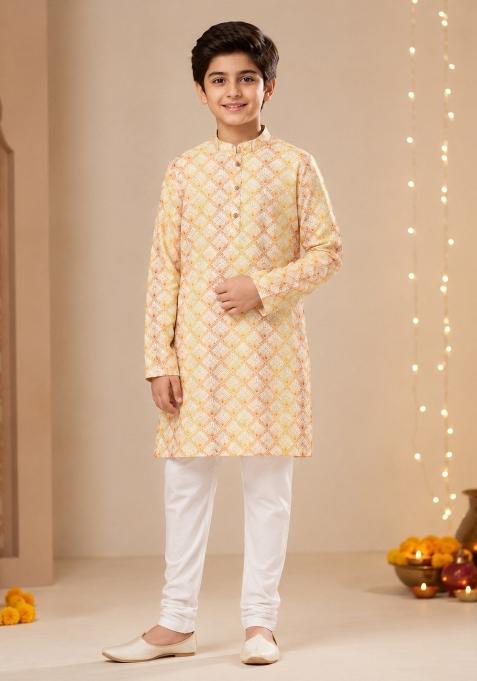 Yellow Printed Polyester Kurta Set For Boys