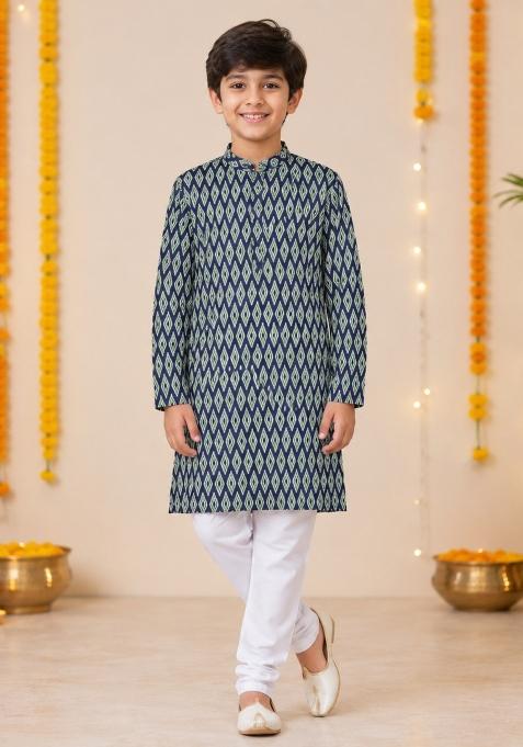 Navy Blue Printed Polyester Kurta Set For Boys
