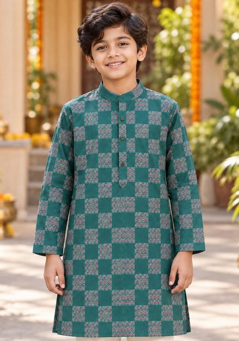 Green Printed Polyester Kurta Set For Boys