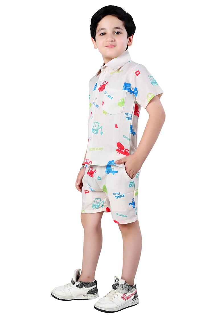 Off White Printed Cotton Co-Ord Set For Boys - Indya