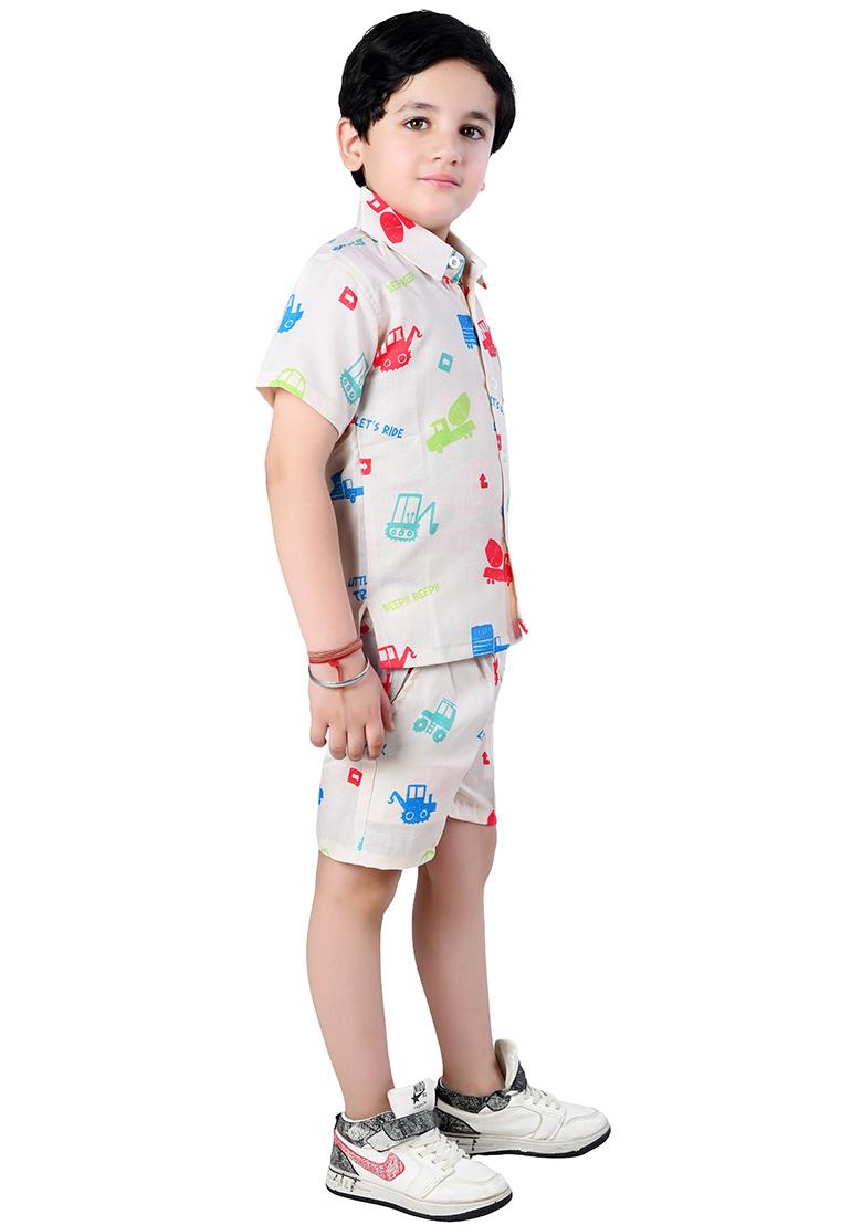 Off White Printed Cotton Co-Ord Set For Boys - Indya