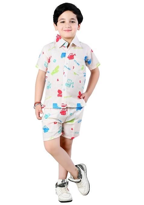 Off White Printed Cotton Co-Ord Set For Boys