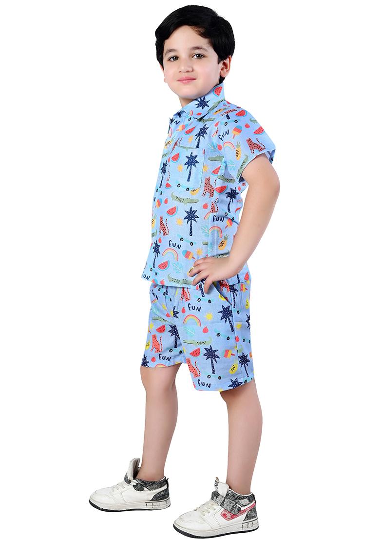 Blue Printed Cotton Co-Ord Set For Boys - Indya