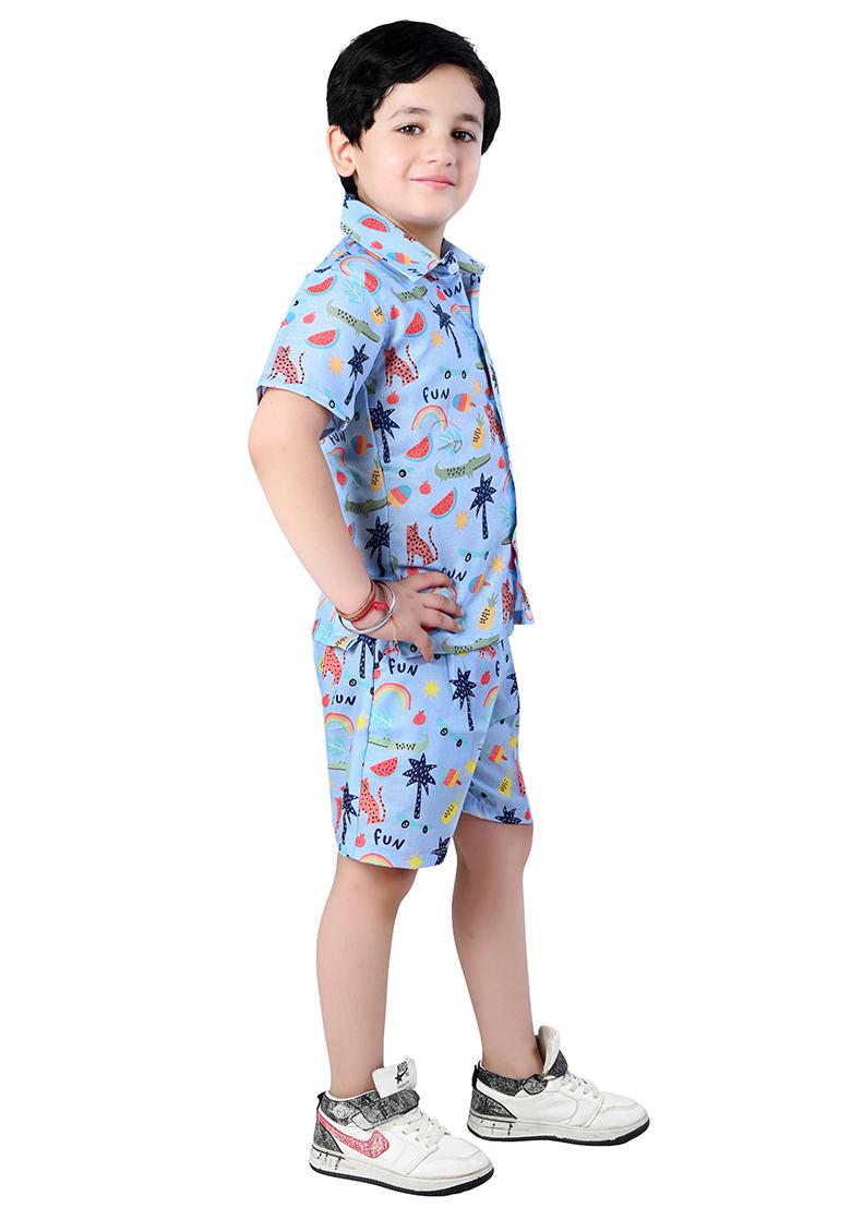 Blue Printed Cotton Co-Ord Set For Boys - Indya