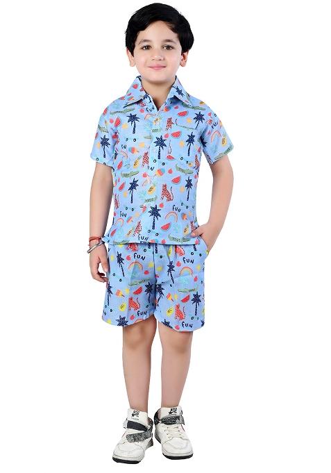 Blue Printed Cotton Co-Ord Set For Boys