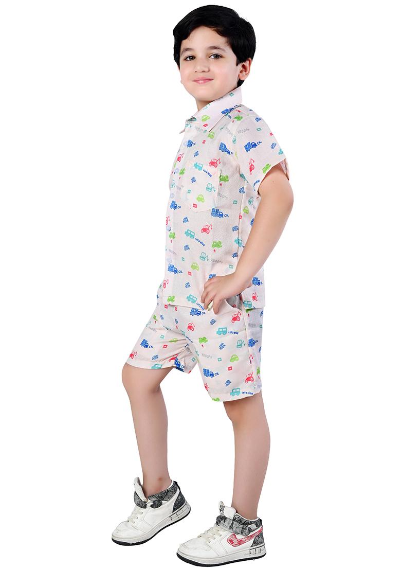 Off White Printed Cotton Co-Ord Set For Boys - Indya