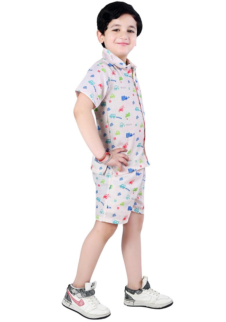 Off White Printed Cotton Co-Ord Set For Boys - Indya