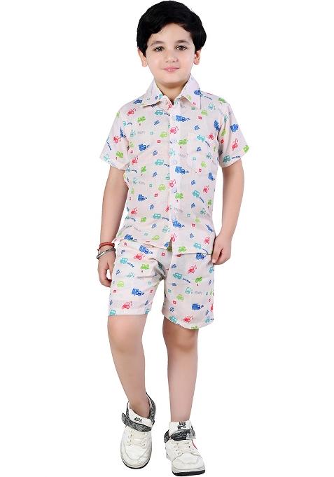Off White Printed Cotton Co-Ord Set For Boys