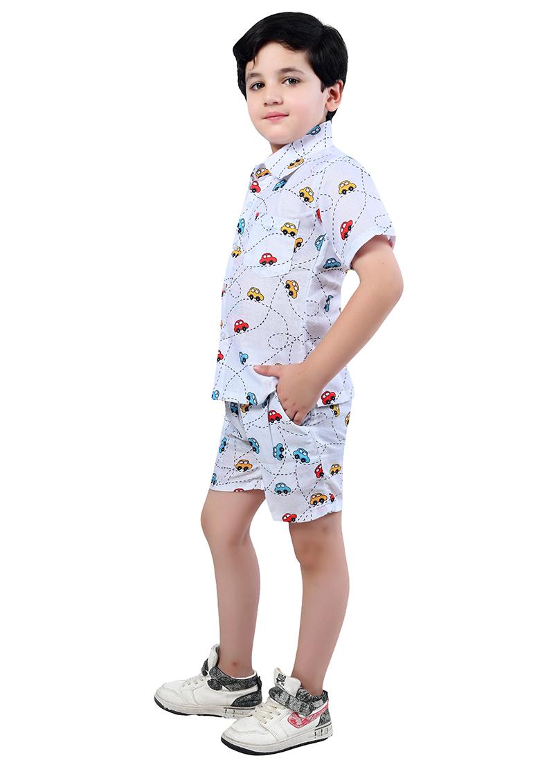 White Printed Cotton Co-Ord Set For Boys - Indya