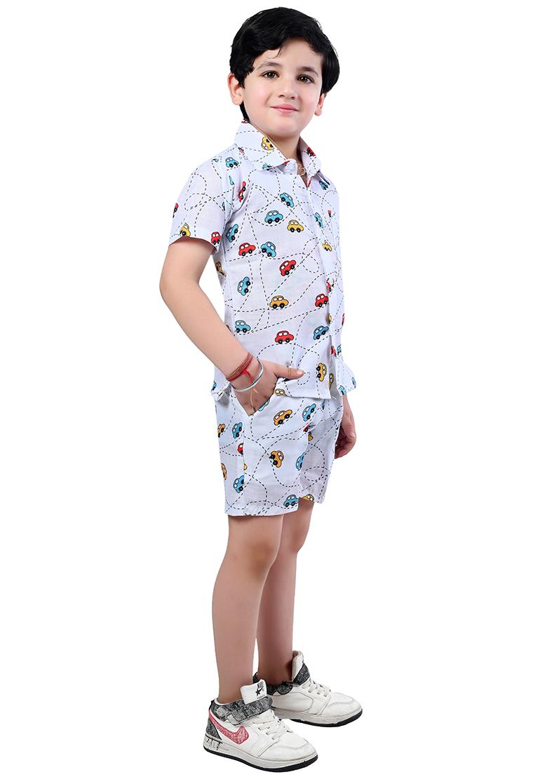 White Printed Cotton Co-Ord Set For Boys - Indya