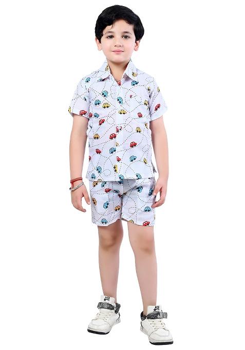 White Printed Cotton Co-Ord Set For Boys