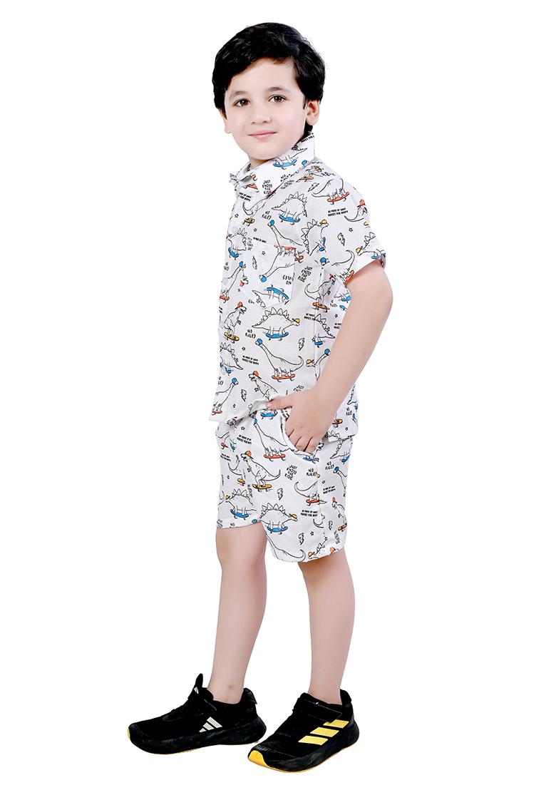 White Printed Cotton Co-Ord Set For Boys - Indya