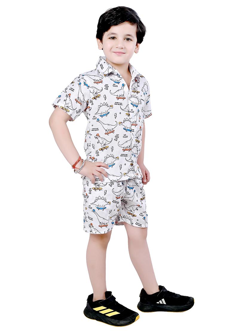 White Printed Cotton Co-Ord Set For Boys - Indya