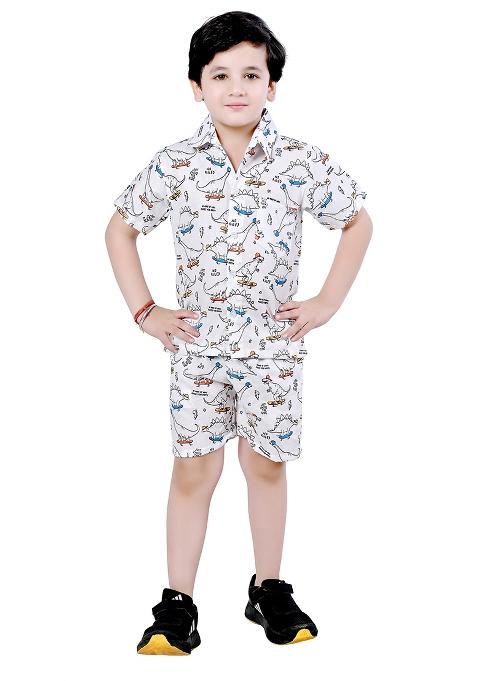 White Printed Cotton Co-Ord Set For Boys