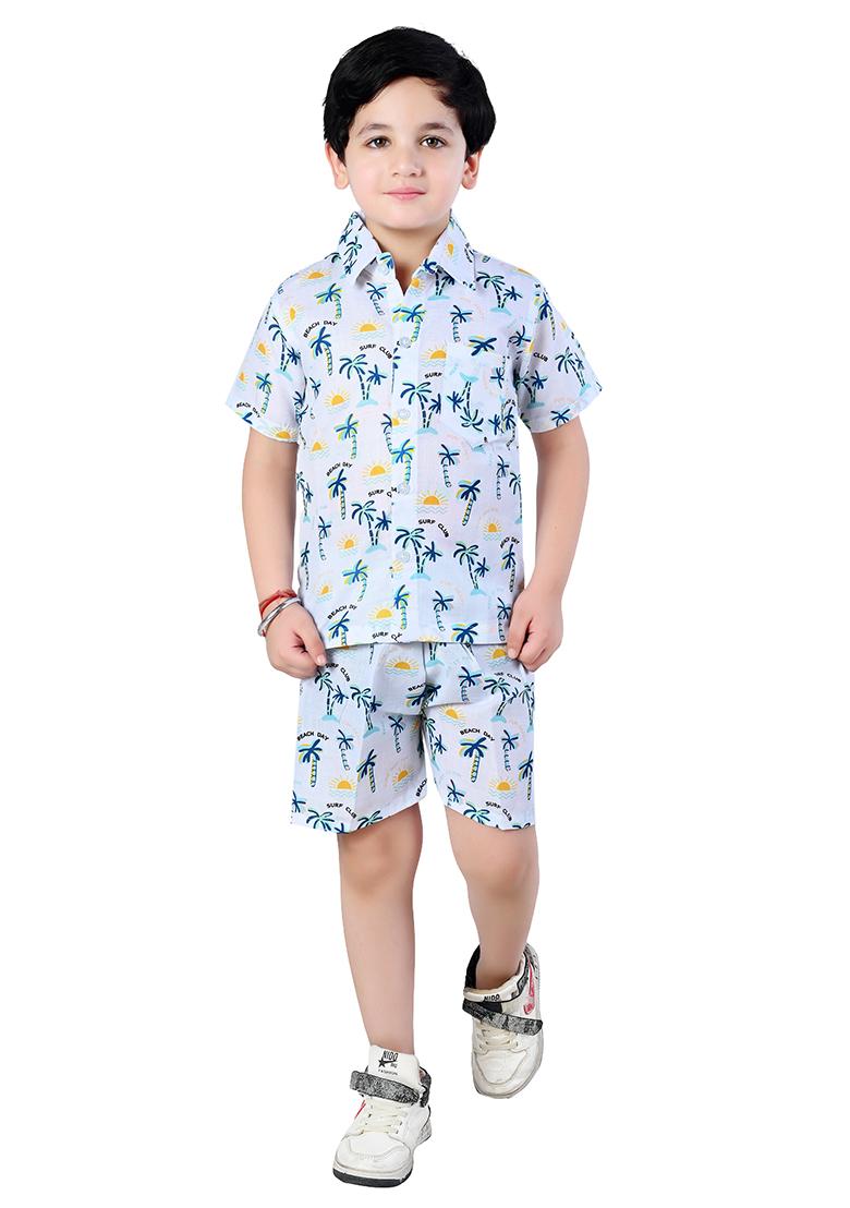 White Printed Cotton Co-Ord Set For Boys - Indya