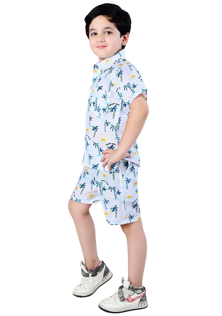 White Printed Cotton Co-Ord Set For Boys - Indya