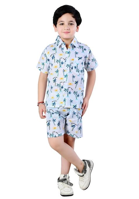 White Printed Cotton Co-Ord Set For Boys