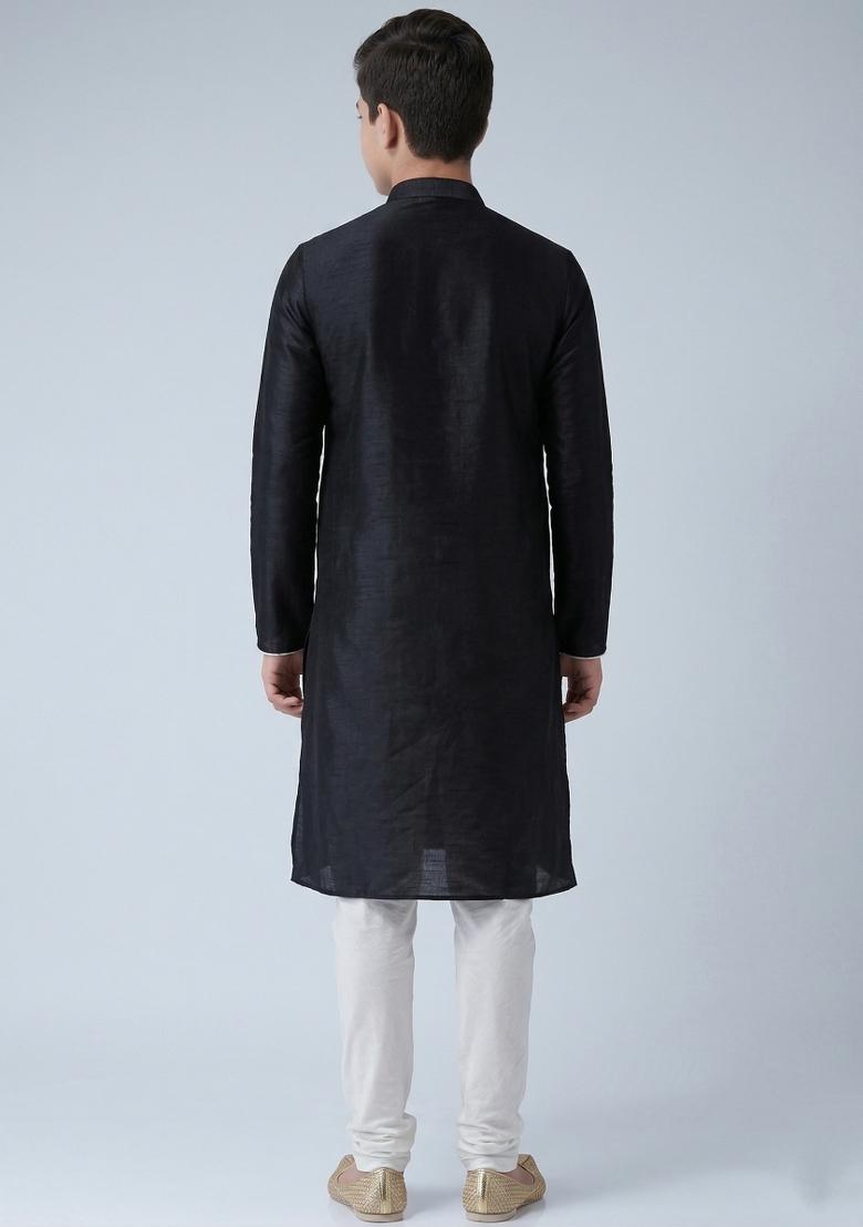 Black Machine Embrodiery Silk Kurta Set For Boys - Indya
