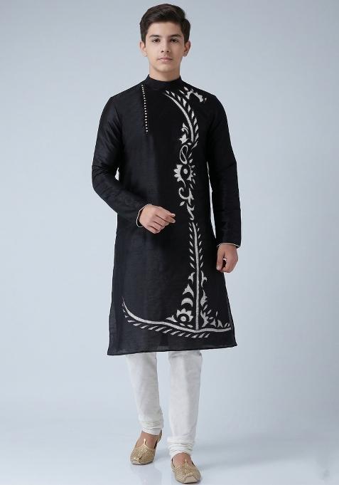 Black Machine Embrodiery Silk Kurta Set For Boys