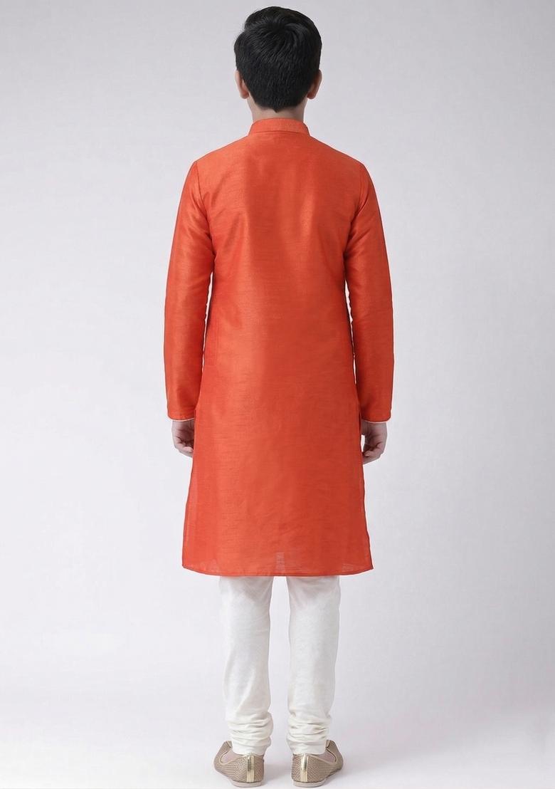 Rust Orange Machine Embrodiery Silk Kurta Set For Boys - Indya