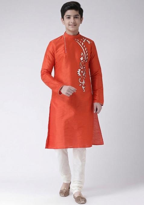 Rust Orange Machine Embrodiery Silk Kurta Set For Boys