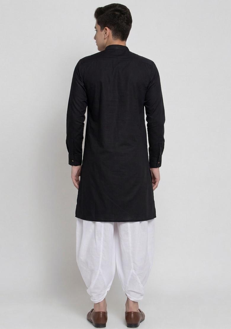 Black Machine Embrodiery Cotton Kurta Set For Boys - Indya