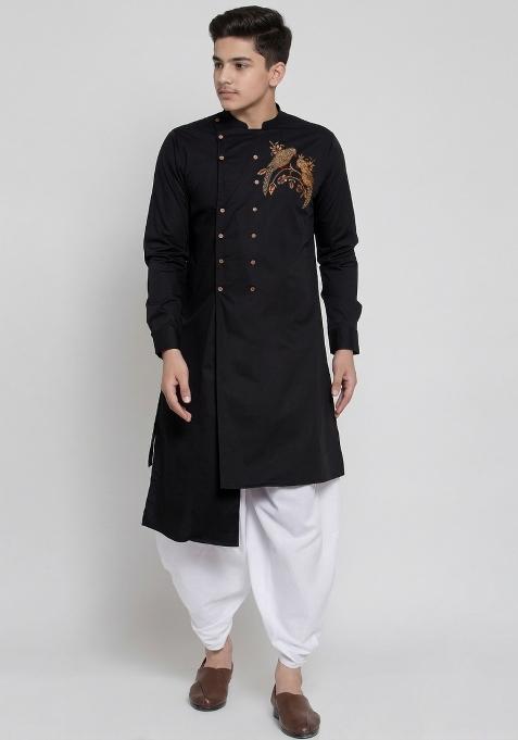 Black Machine Embrodiery Cotton Kurta Set For Boys