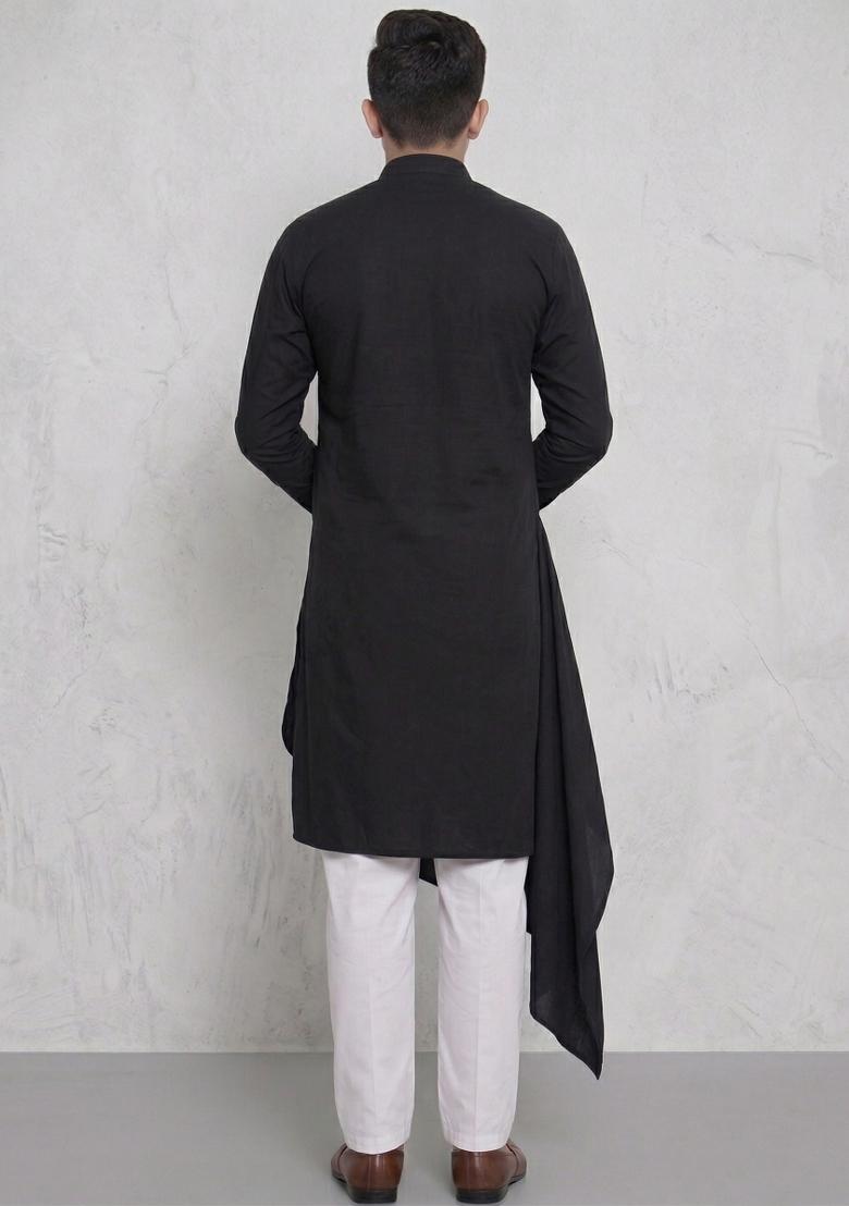 Black Machine Embrodiery Cotton Kurta Set For Boys - Indya
