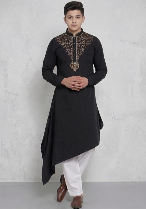 Black Machine Embrodiery Cotton Kurta Set For Boys