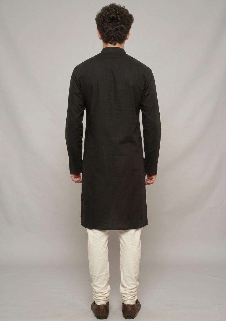 Black Machine Embrodiery Cotton Kurta Set For Boys - Indya