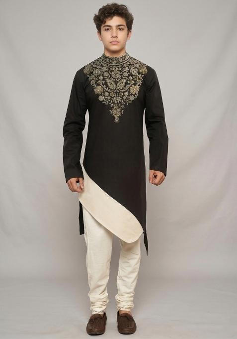 Black Machine Embrodiery Cotton Kurta Set For Boys