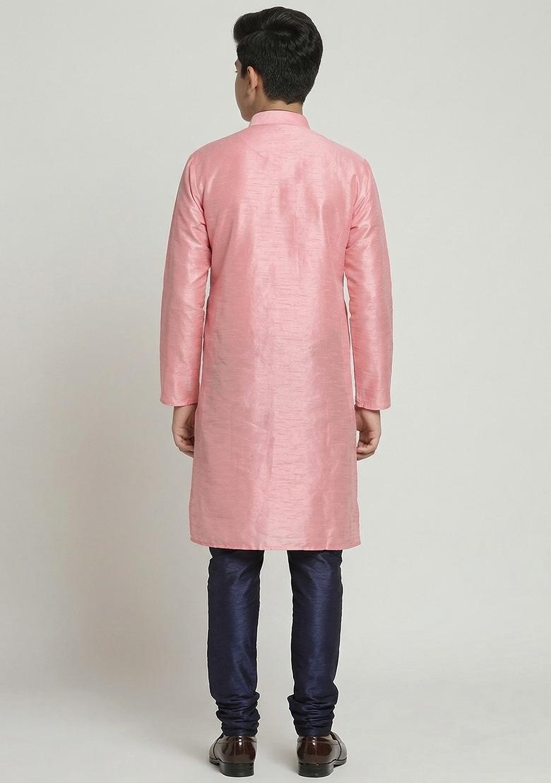 Pink Machine Embrodiery Silk Kurta Set For Boys - Indya