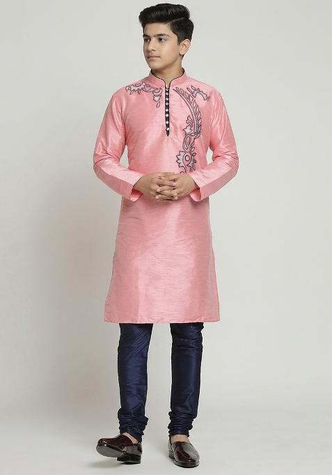 Pink Machine Embrodiery Silk Kurta Set For Boys